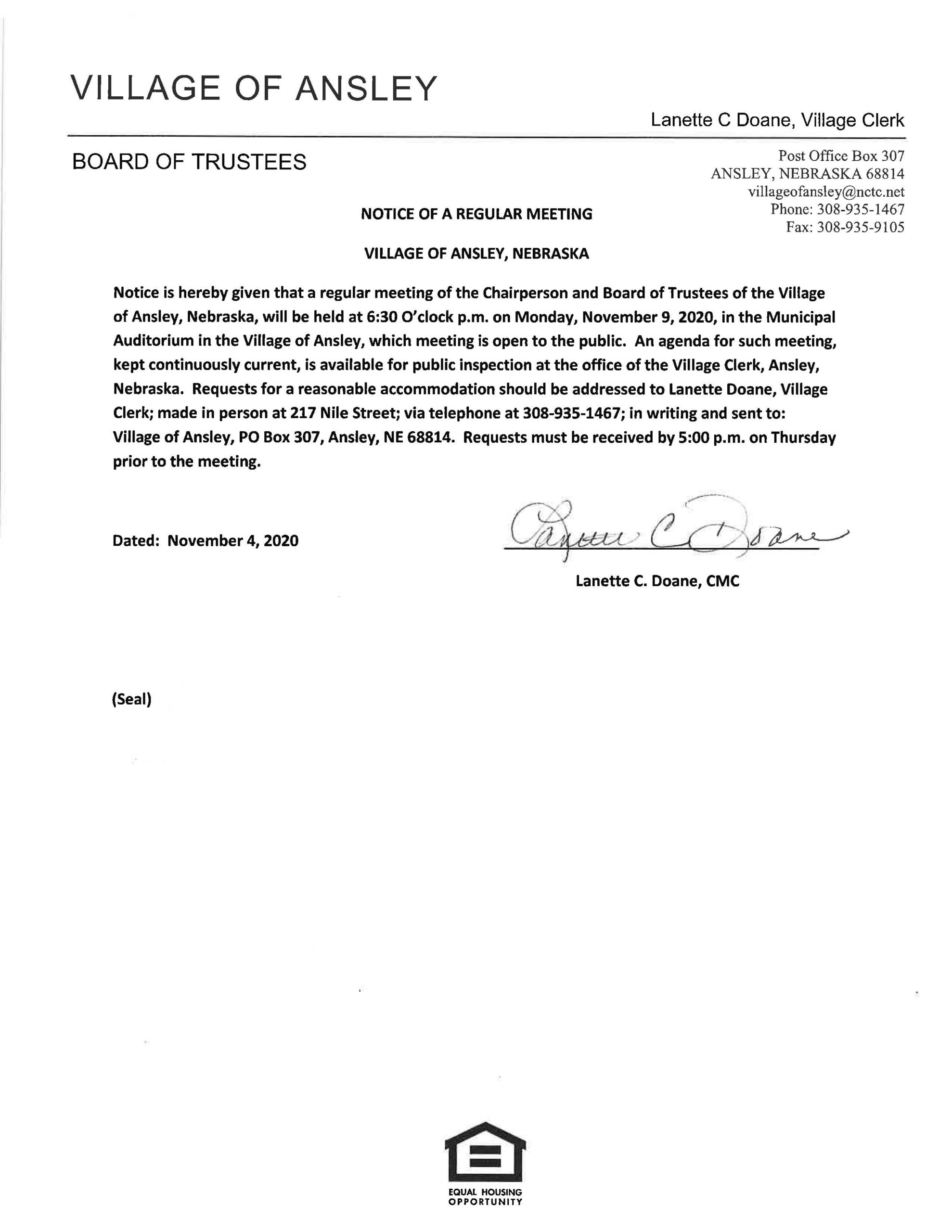 Meeting Notice for 11-9-20