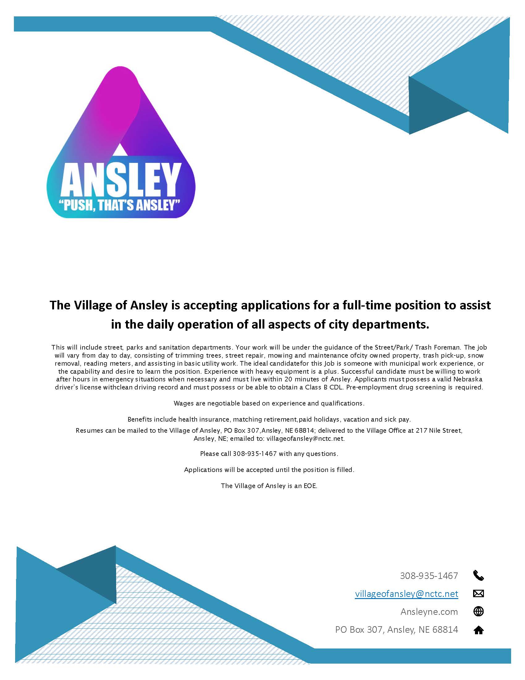 GENERAL LABORER OPEN POSITION WITH THE VILLAGE OF ANSLEY