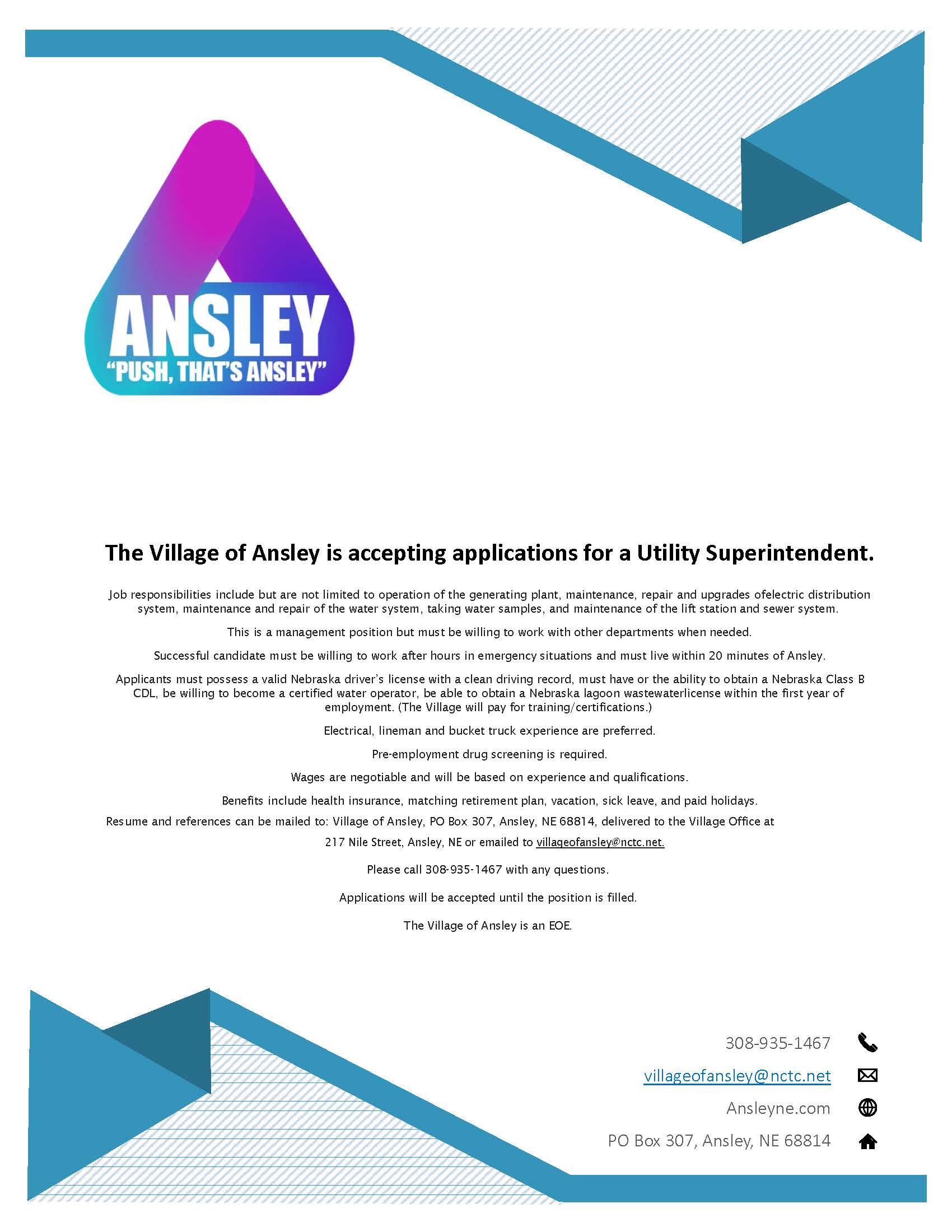 Utility Superintendent OPEN POSITION WITH THE VILLAGE OF ANSLEY